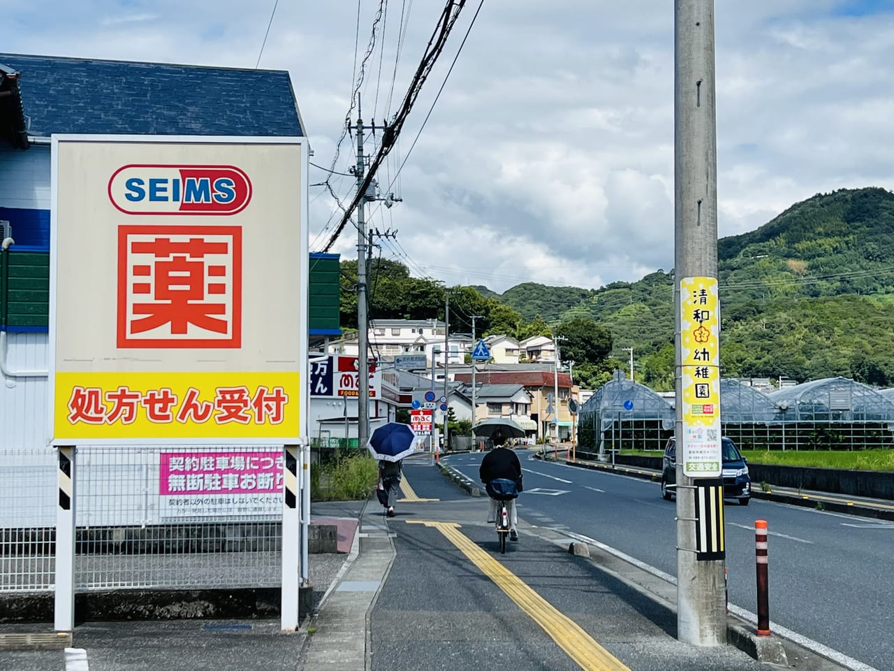 「ドラッグセイムス 高知福井店」の看板（左手前）と「ドラッグストアmac福井店」の看板（右奥）