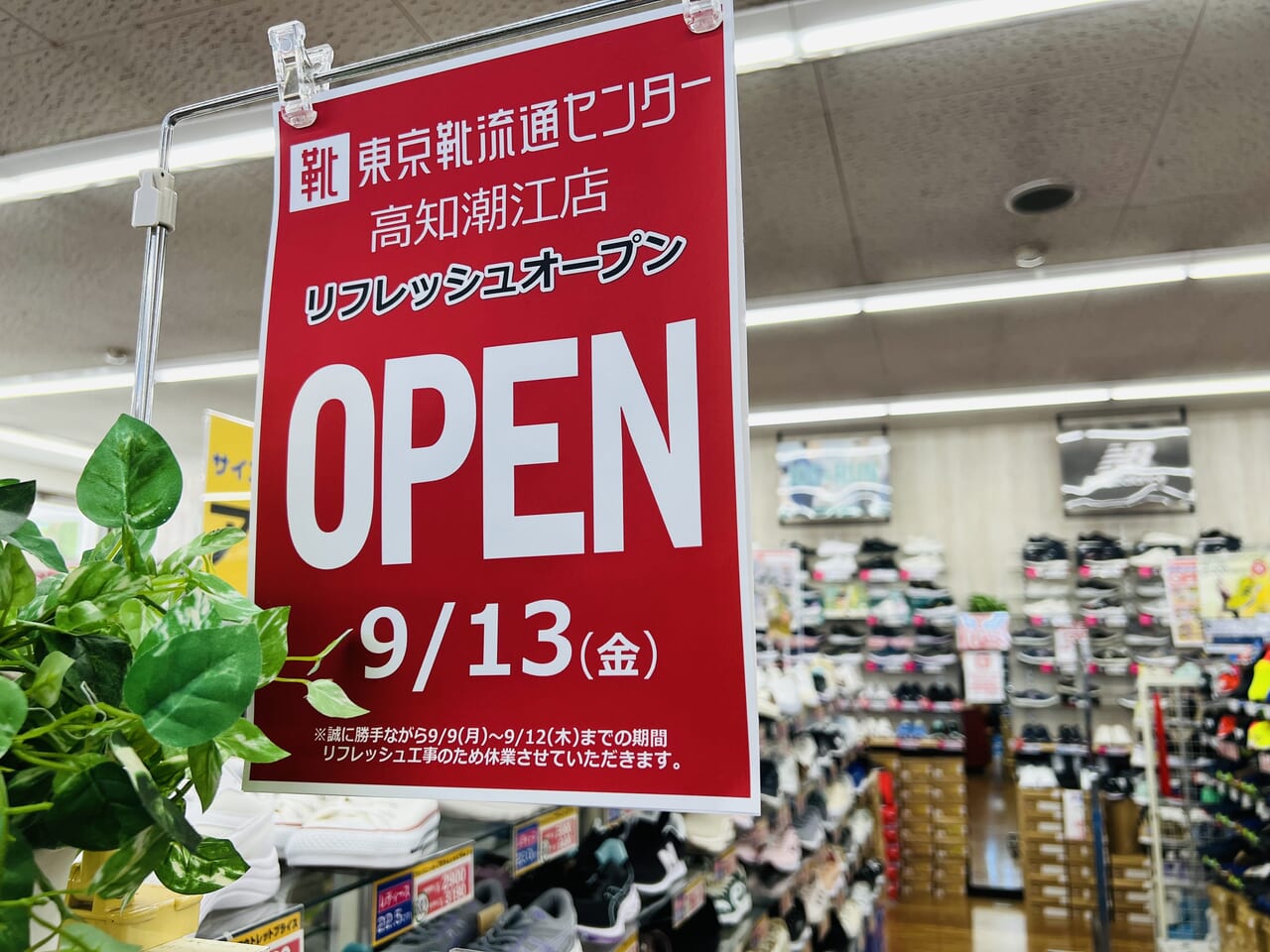 2024年9月13日～9月16日までにリフレッシュオープン記念セールを実施中の「東京靴流通センター 高知潮江店」の店内の様子